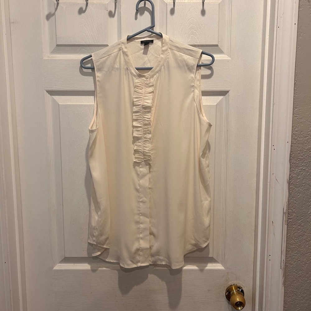 Ann Taylor Womens Sleeveless Button Front Ruffle Front Blouse Cream Large Career